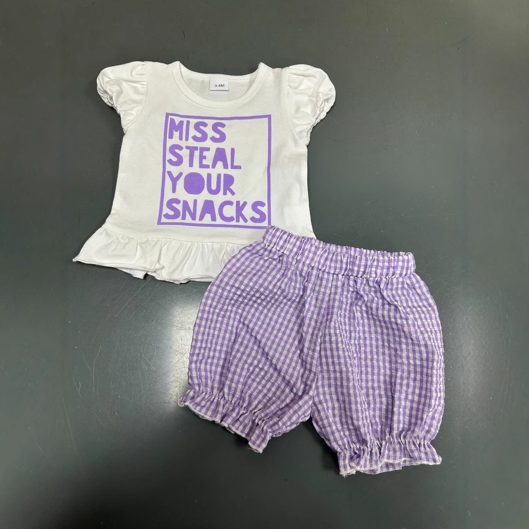 Summer Girls' Suit Short-sleeved Plaid Bubble Bloomers Two-piece Set