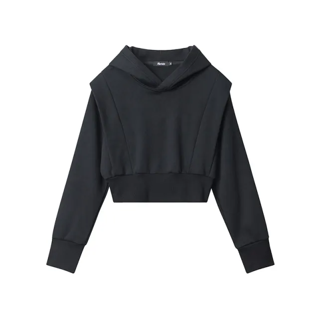 Hoodie Short Sweater Women Hooded Navel Solid Color Pullover Coat Top Black - Shop at LoveMi