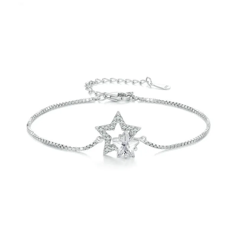 Double Circles Star S925 Sterling Silver White Gold Plated Five-pointed Star Ornament Bracelet - Bsb143