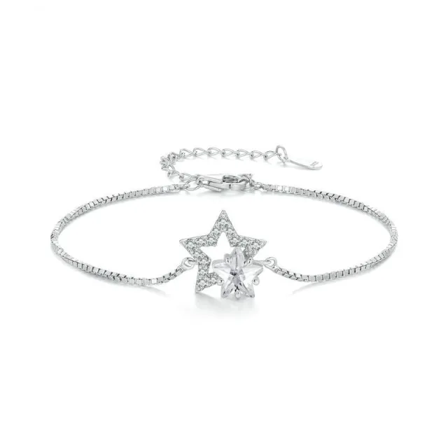 Double Circles Star S925 Sterling Silver White Gold Plated Five pointed Star Ornament Bracelet Bsb143 - Shop at LoveMi