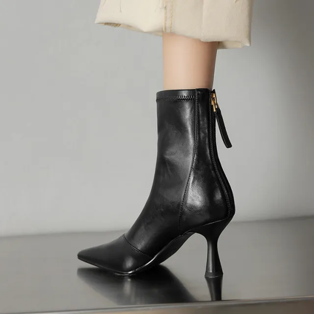 Stiletto heeled Cowhide Pointed toe Ankle Boots With A Back Zipper Black - Shop at LoveMi