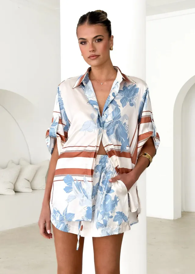 Printed Cardigan Shirt Shorts Suit Blue - Shop at LoveMi