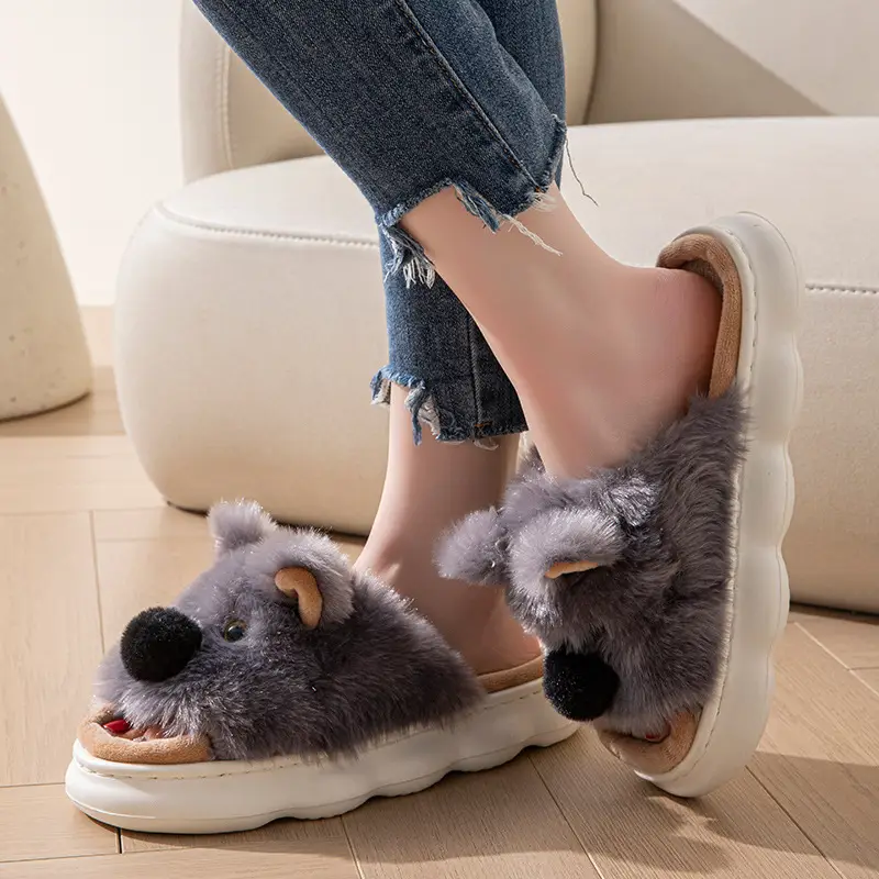 Cartoon Animal Plush Slippers for Women and Men, Indoor Home Slip-On Shoes with EVA Sole — Gray, 42to43