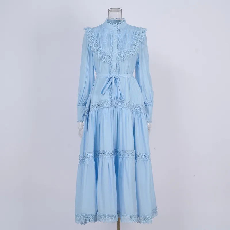 Design Embroidered Shirt Waist-tight Slimming Lantern Sleeves Long Skirt - Light Blue