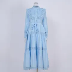 Design Embroidered Shirt Waist-tight Slimming Lantern Sleeves Long Skirt - Light Blue - View 1