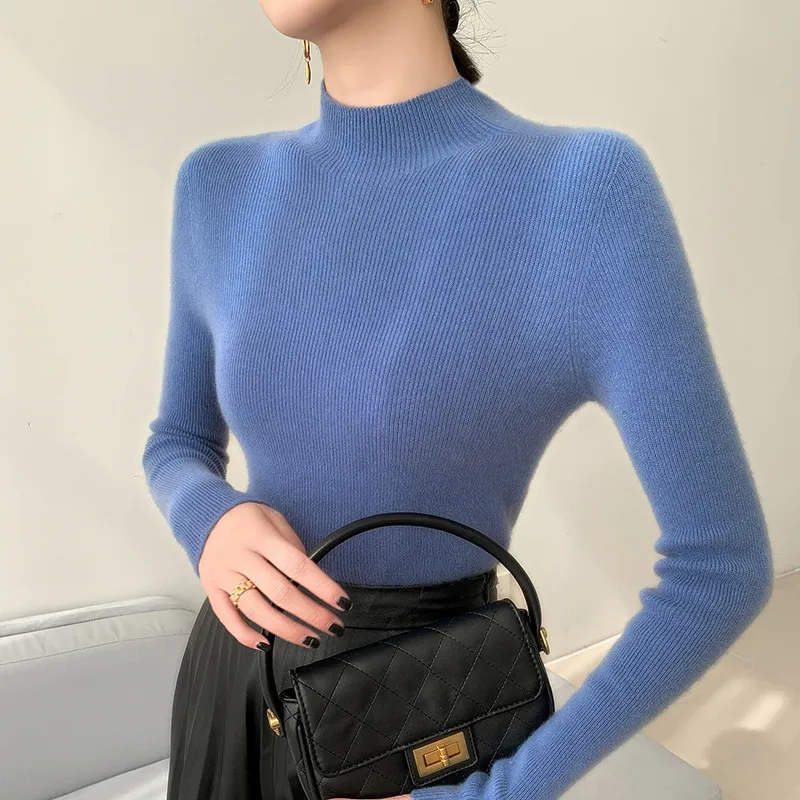 Half Turtleneck Cashmere Slim Top Sweaters Bottoming Shirt - Haze Blue