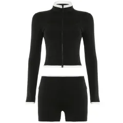 American Street Workout Clothes Suit Zipper Cardigan Long Sleeve Top Suspender Shorts - Black Suit - View 1