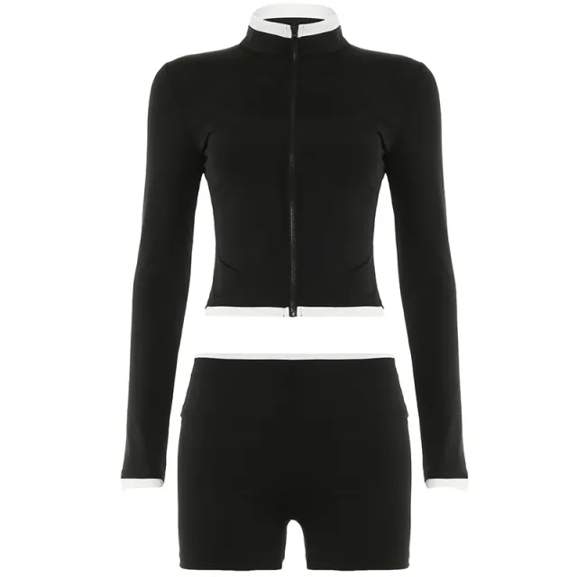 American Street Workout Clothes Suit Zipper Cardigan Long Sleeve Top Suspender Shorts Black Suit - Shop at LoveMi