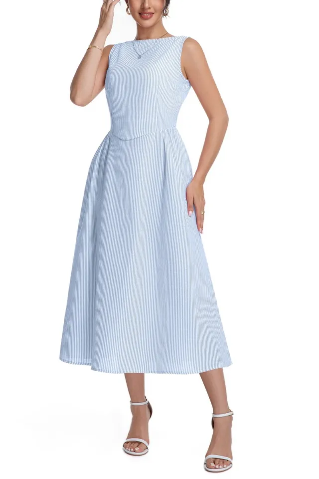 Women's Striped Sleeveless Zipper Princess Dress Blue - Shop at LoveMi