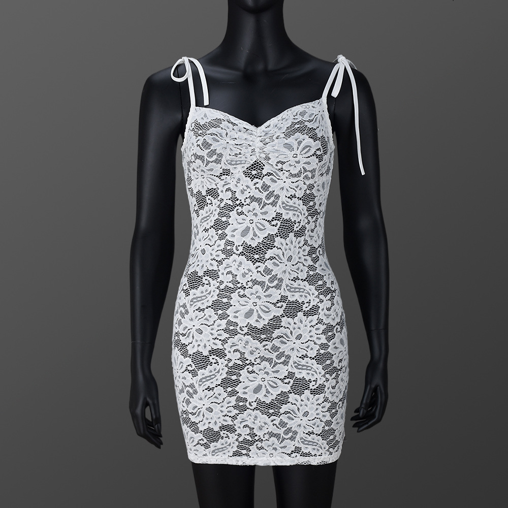 Slim fit Lace Up Flower Lace Sheath Dress White - Shop at LoveMi