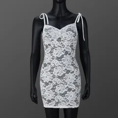 Slim-fit Lace Up Flower Lace Sheath Dress - White - View 1
