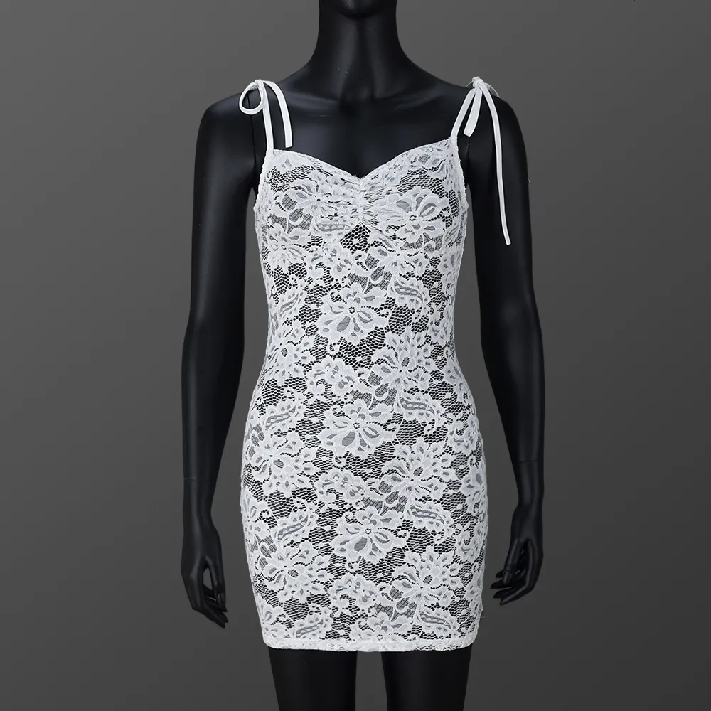 Slim-fit Lace Up Flower Lace Sheath Dress - White