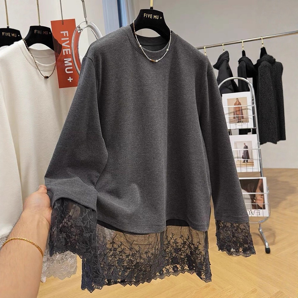Lace-sleeved Long-sleeve T-shirt Loose-fitting Plus-size Mid-length Base Layer With Brushed Fabric