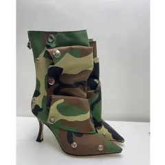 Women's High-heeled Pointed-toe Denim Patchwork Ankle Boots With Metal Studs - Camouflage Colour-34 - View 1