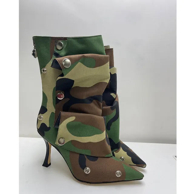 Women's High heeled Pointed toe Denim Patchwork Ankle Boots With Metal Studs Camouflage Color 34 - Shop at LoveMi