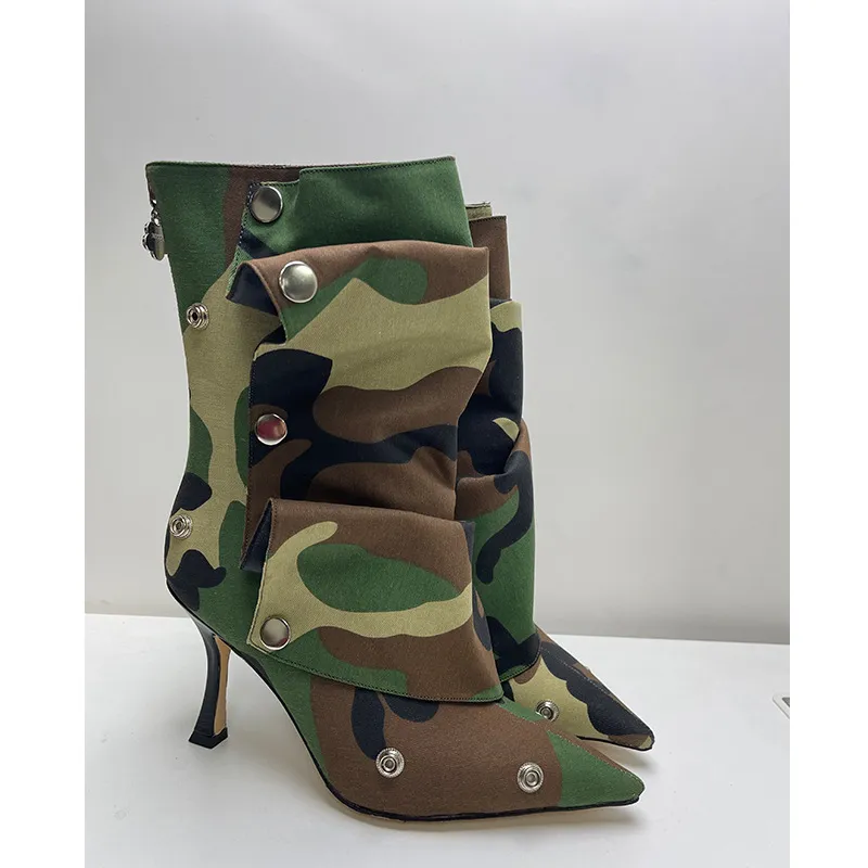 Women's High-heeled Pointed-toe Denim Patchwork Ankle Boots With Metal Studs - Camouflage Color-34