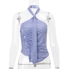 Irregular Striped Printed Tie Design Halter Vest - Blue - View 1
