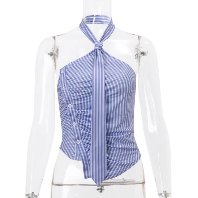 Irregular Striped Printed Tie Design Halter Vest Blue - Shop at LoveMi