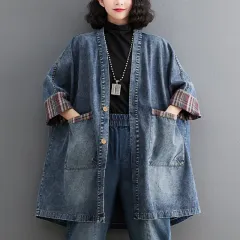 Retro V-neck Mid-length Pocket Denim Jacket For Women - Blue - View 1