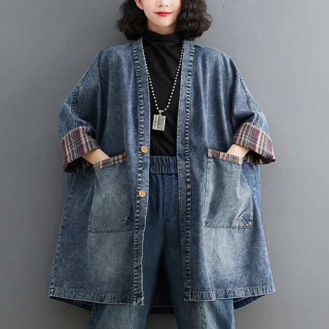 Retro V neck Mid length Pocket Denim Jacket For Women Blue - Shop at LoveMi