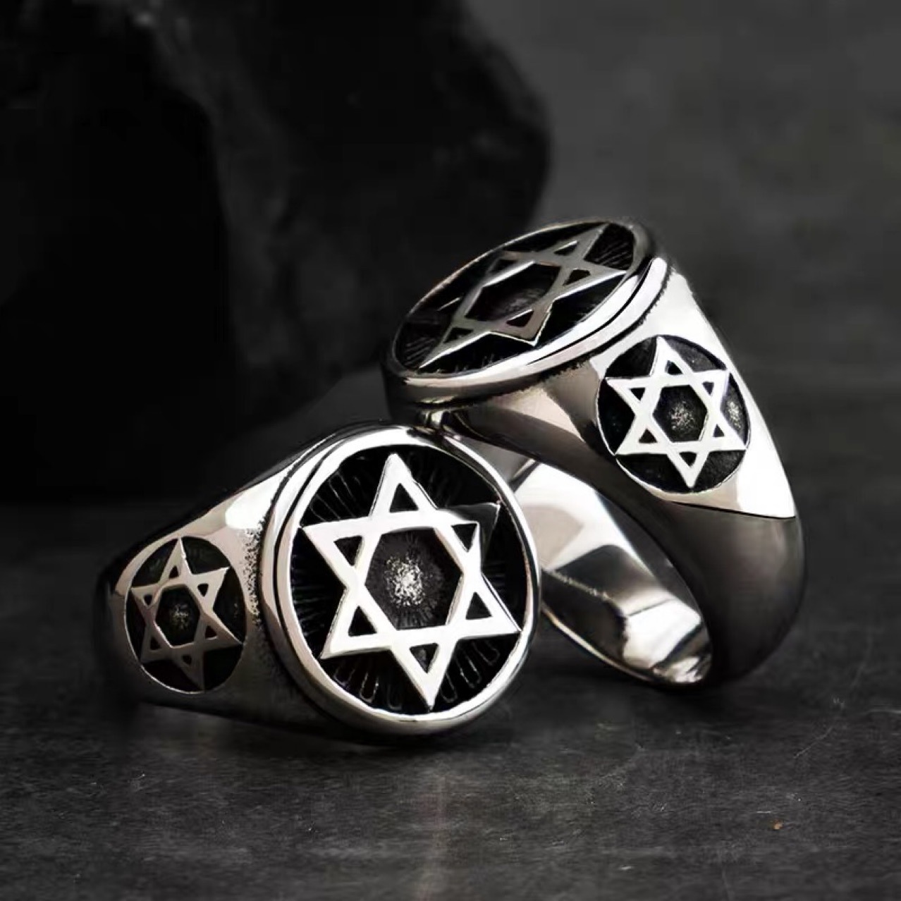Retro Mens Six-Pointed Star Stainless Steel Oil-Surface Ring