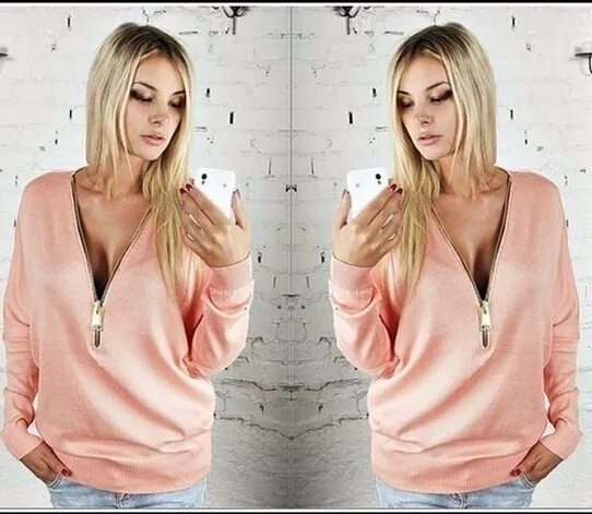 Deep V Zip Top Batwing Long Sleeve Pink - Shop at LoveMi
