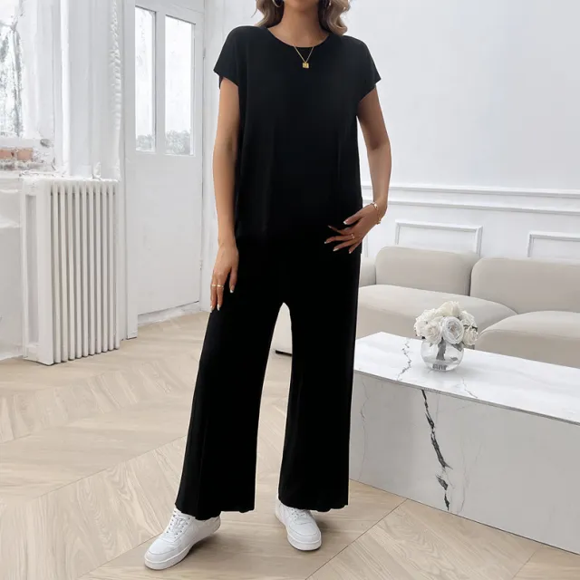 Simple Casual Style Solid Color Top Wide Leg Sweater Suit Black - Shop at LoveMi