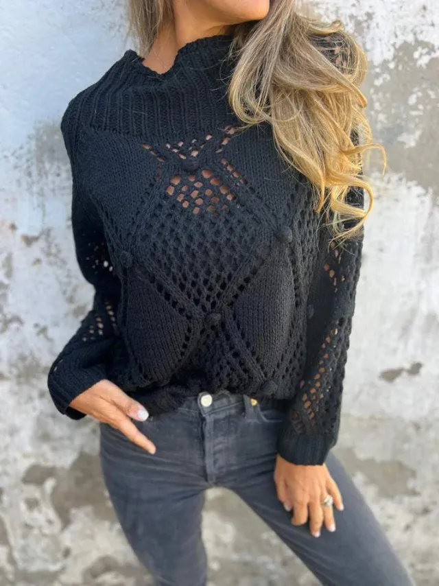 European And American Leisure Loose Hollow Out Sweater Round Neck Knitted Top Black - Shop at LoveMi