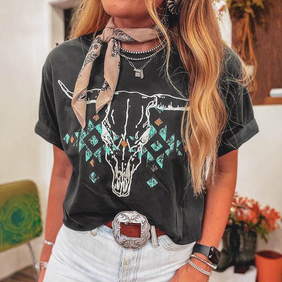 Retro Western-Print Loose T-Shirt In European And American Style
