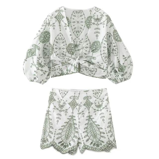 European And American Style Contrast Color Embroidered Short Top Shorts Suit Top And Pants - Shop at LoveMi