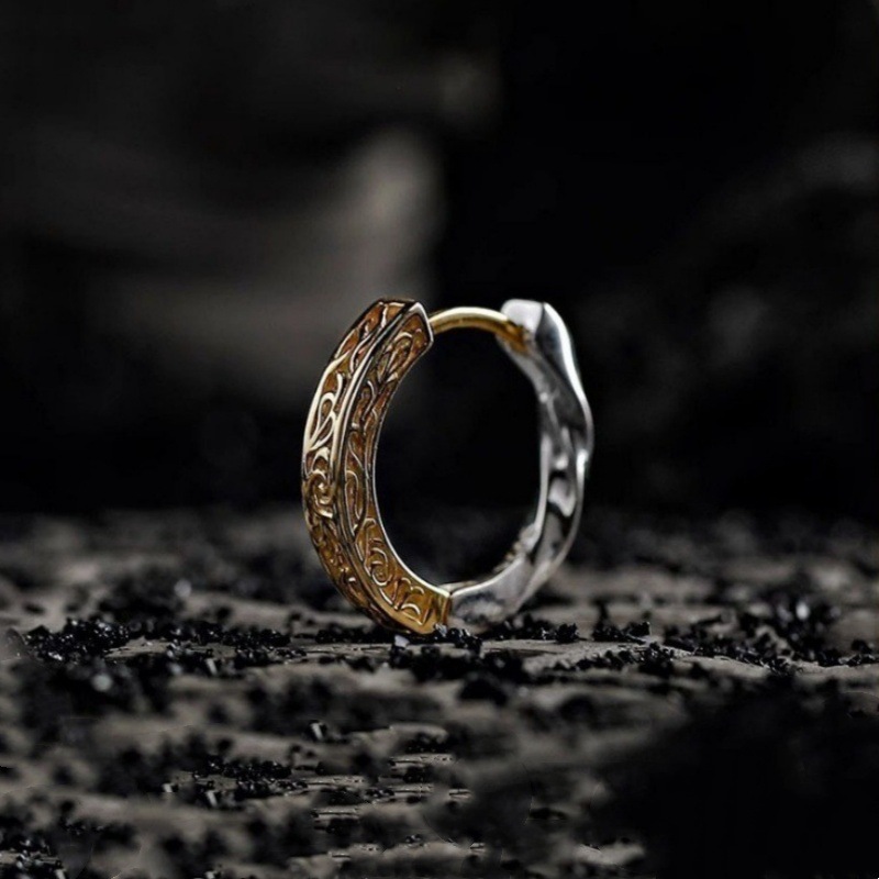 Tangcao Pattern Earrings Men's Niche Asymmetric