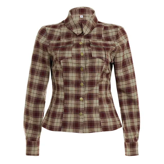 Color contrast Check Personalized Fashion Design Pocket Long Sleeve Top Red - Shop at LoveMi