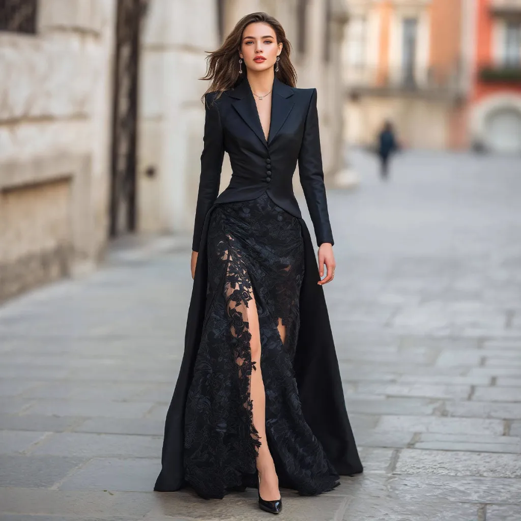 Long-sleeved Suit-collar Lace Patchwork Dress - Black