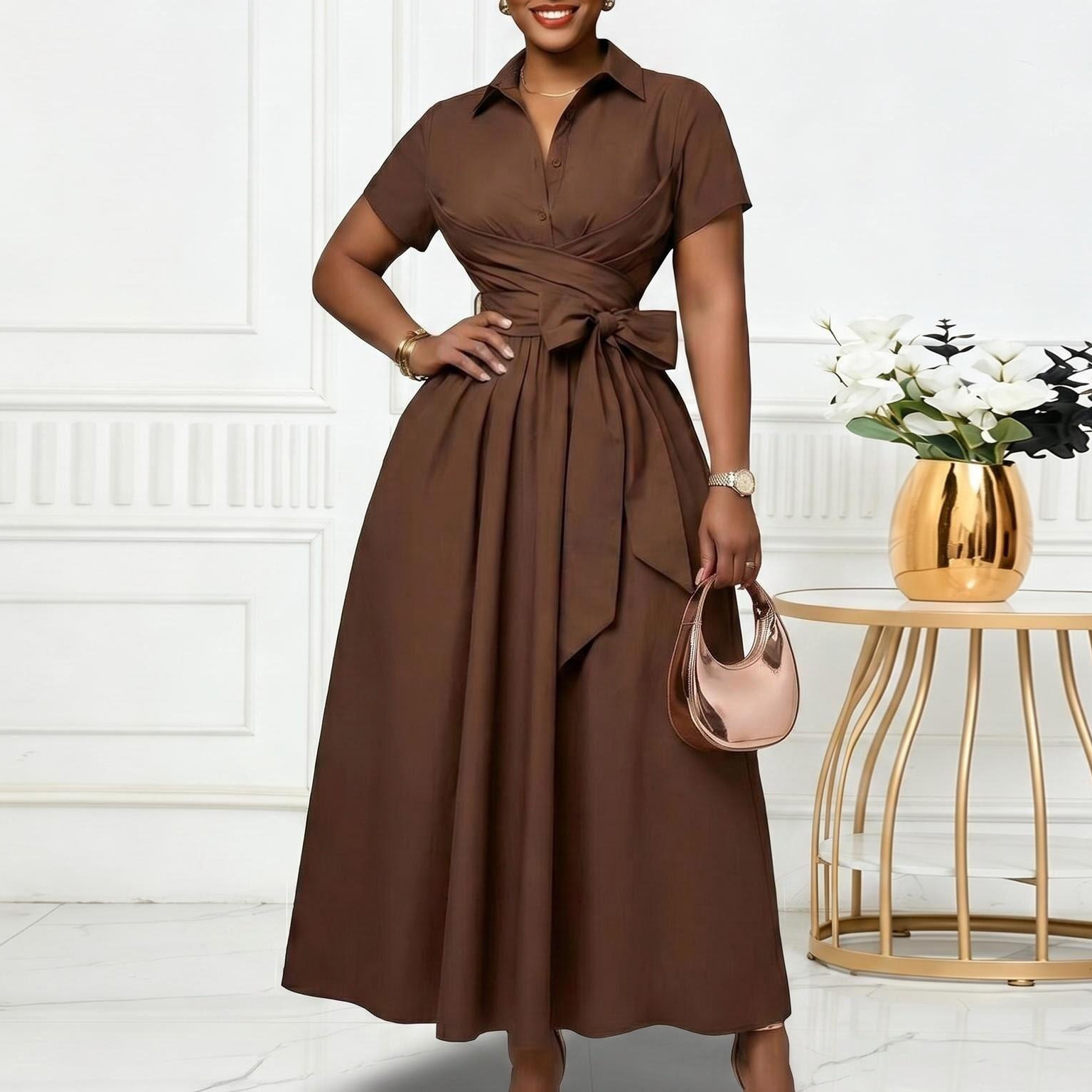 Womens New Solid-color Waist-cinching Dress