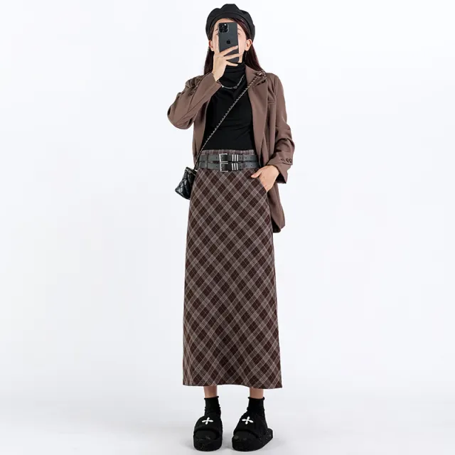 College Style High Waist Plaid Split A Line Skirt Brown - Shop at LoveMi