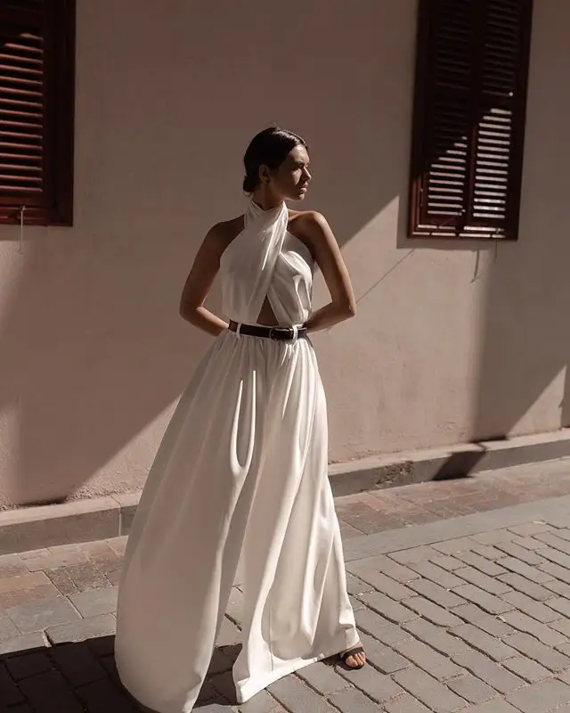 Polyester Women's Sexy Sleeveless Halter Backless Jumpsuit