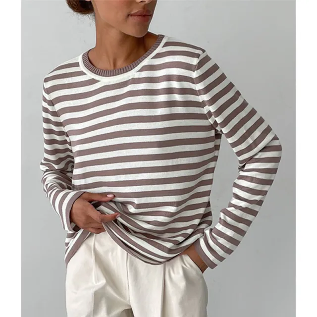 Round Neck Knitted Striped Sweater Coffee Color With Stripes - Shop at LoveMi