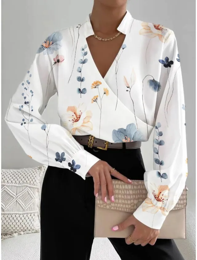 Women's Long sleeved V neck Stitching Shirt Gray - Shop at LoveMi