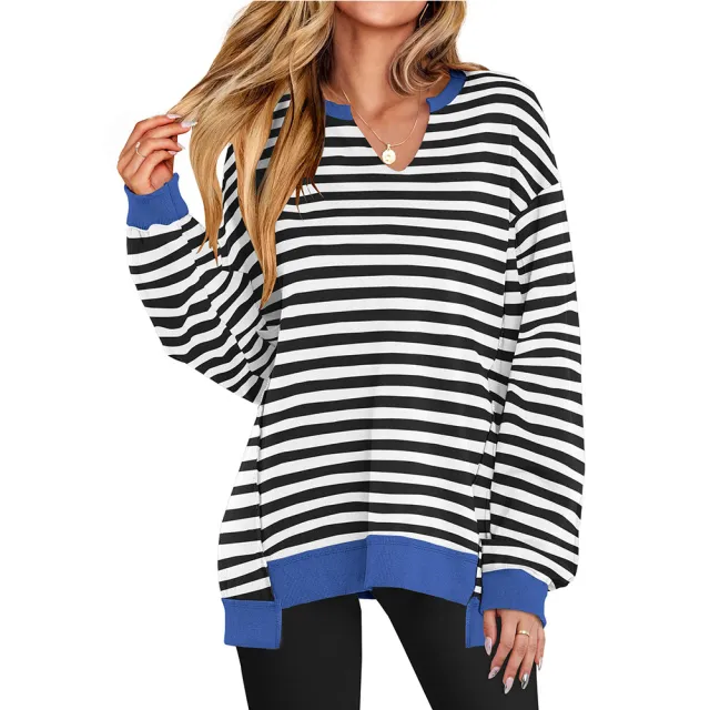 Colorful Striped V neck Loose Sweatshirt Black And White Stripes - Shop at LoveMi