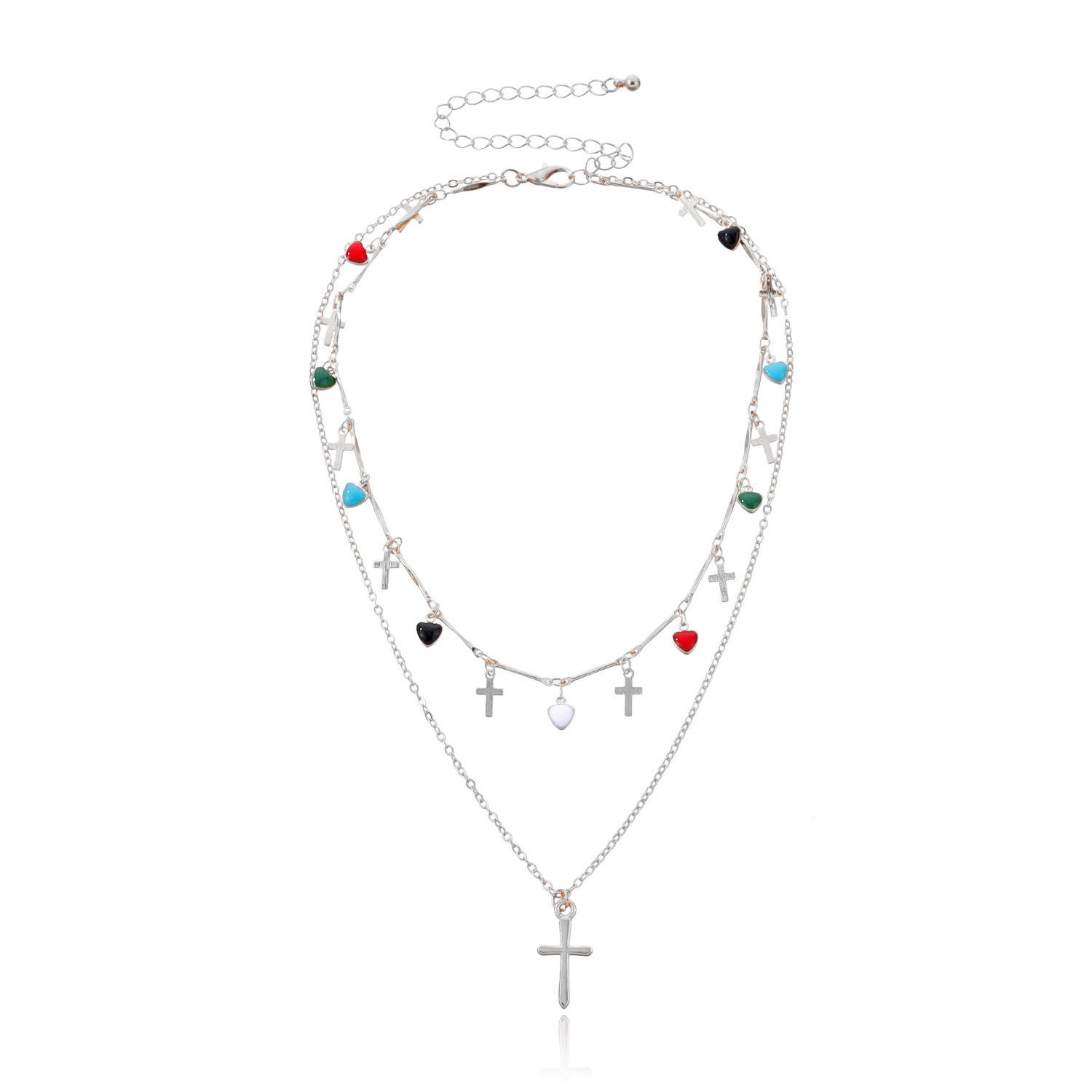 Fashion Simple Cross Pendant Female Drip Glazed Love Heart Colorful Gemstone Tassel Necklace