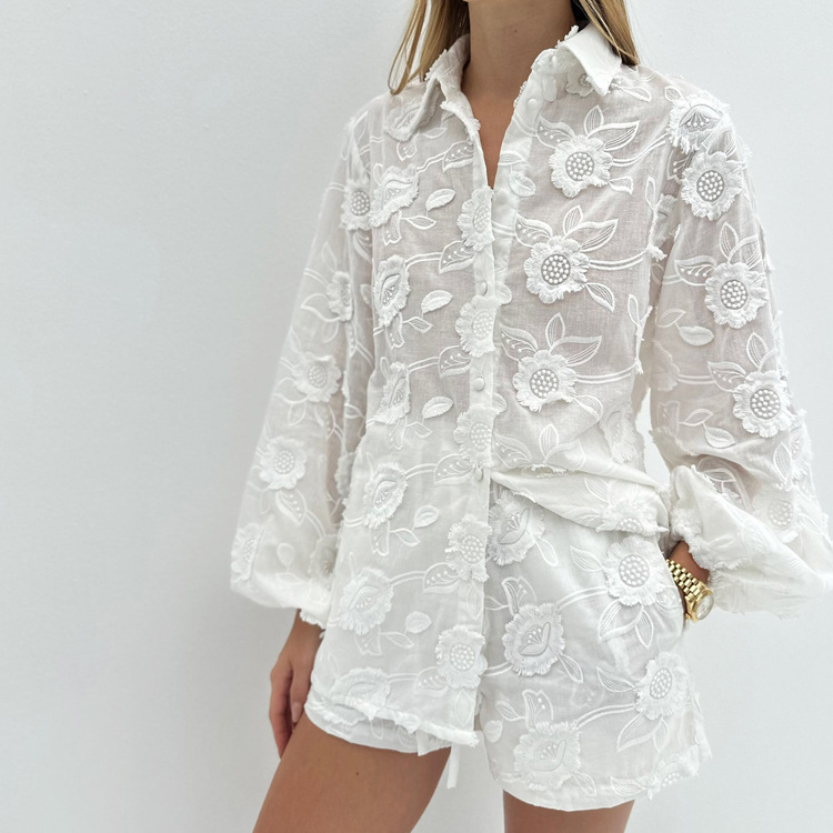 Embroidered Transparent Shirt High Waist Shorts