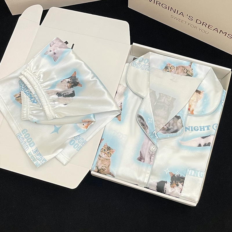 Cute Cat Print Summer New Thin Pajamas Women 9118 Short Sleeves, Blue - Shop at LoveMi