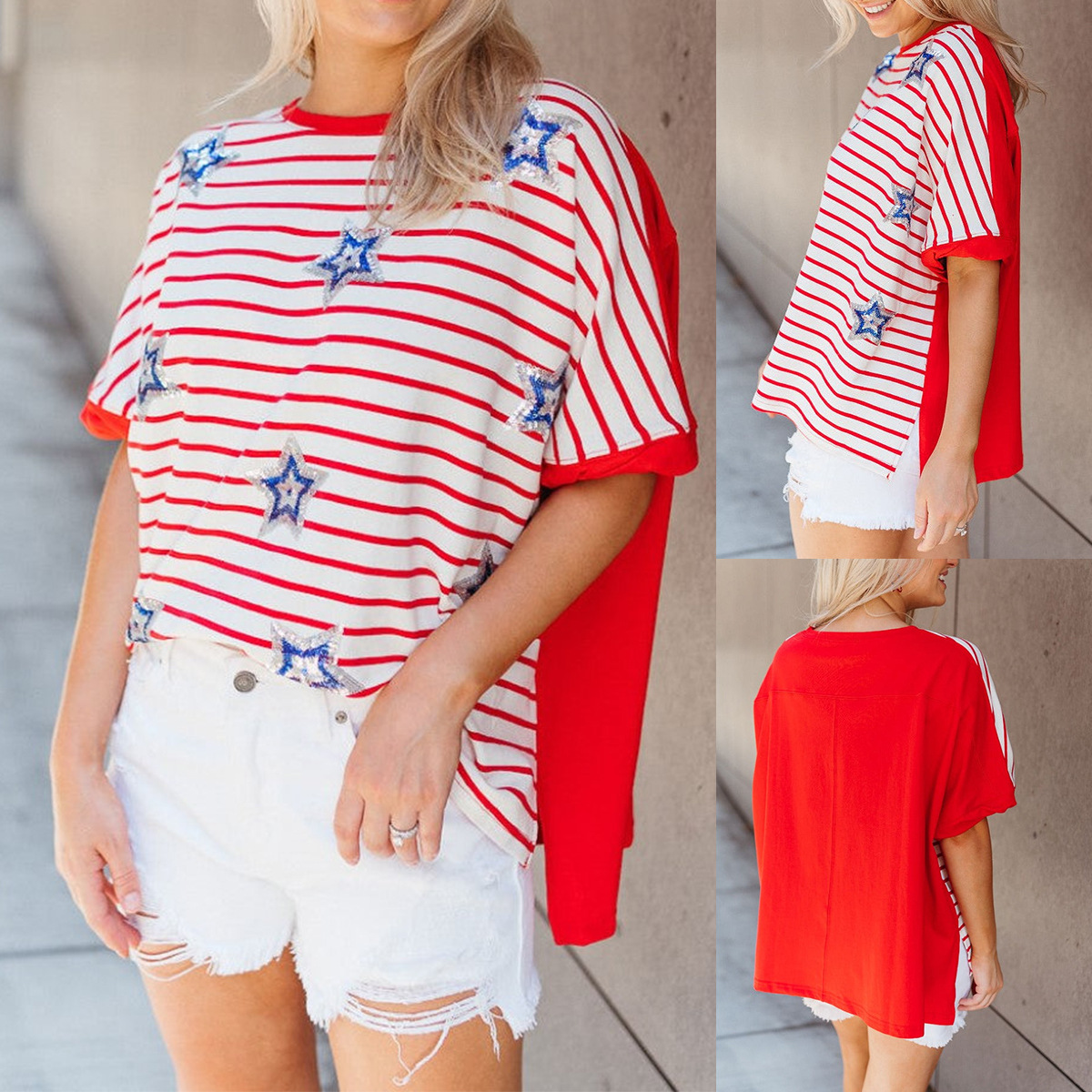 Sequin Star-striped Short-sleeve Top Loose-fit T-shirt
