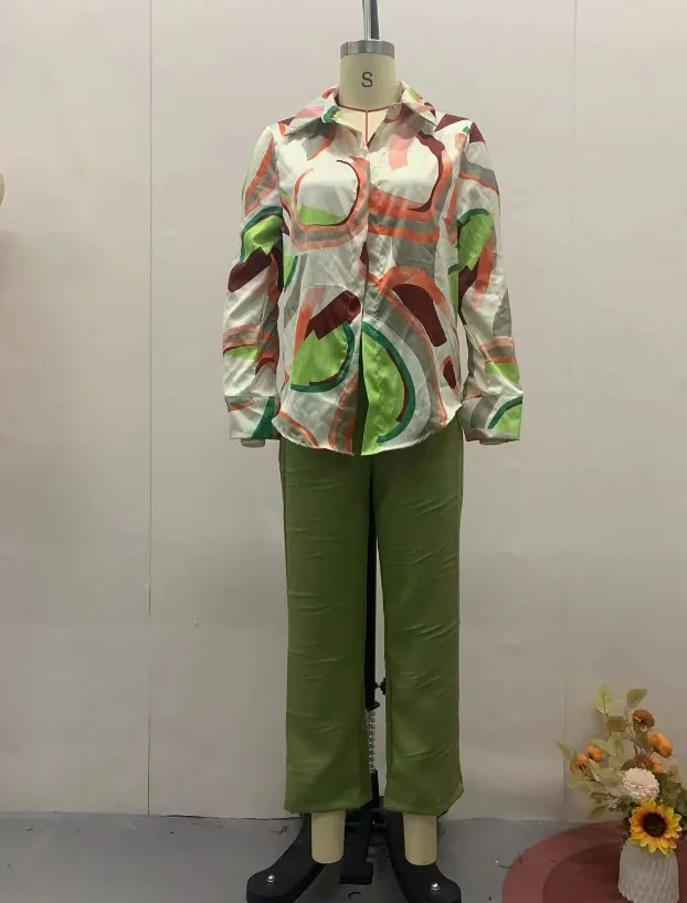 Printed Shirt Slim Trousers Casual Two piece Suit Green - Shop at LoveMi
