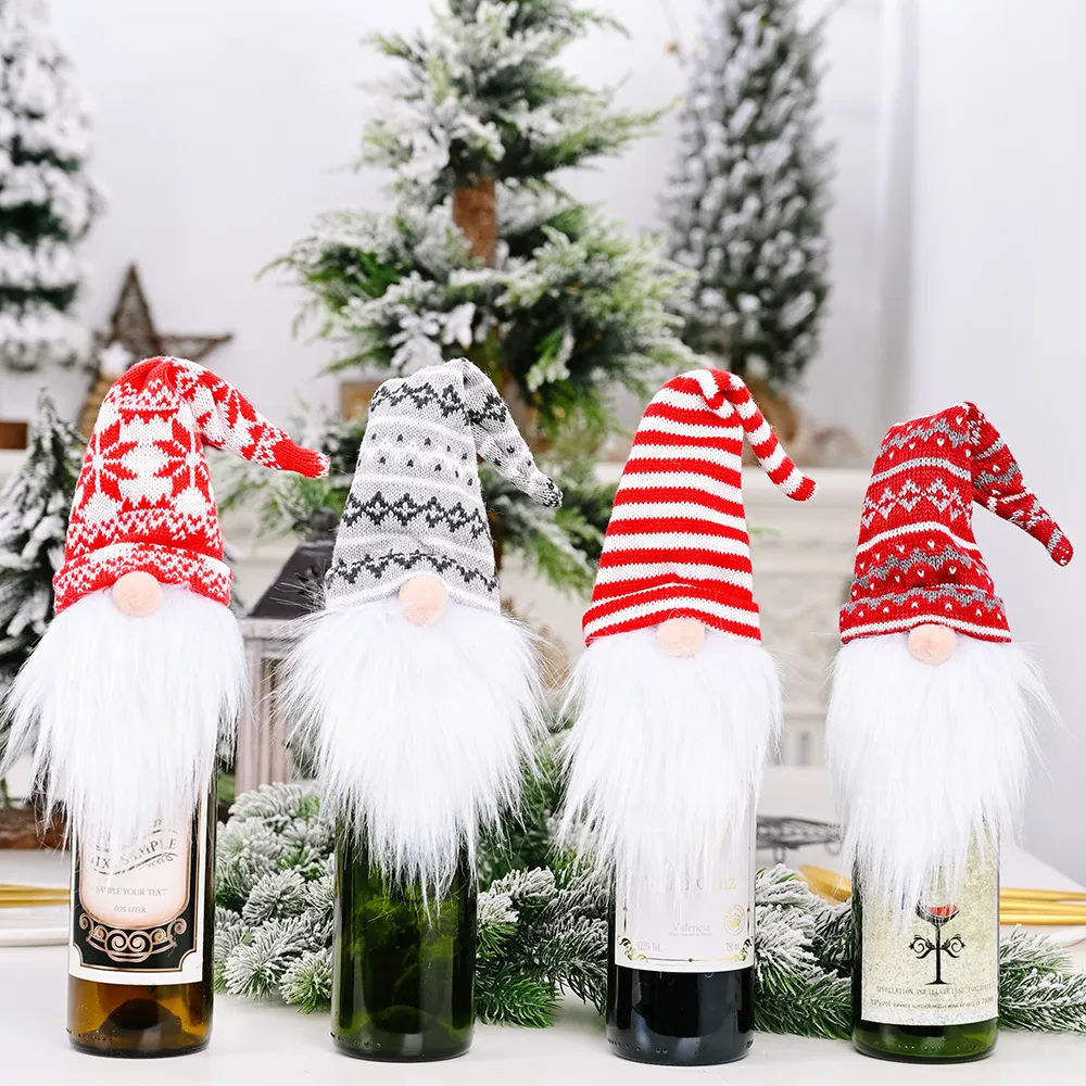 Christmas Decoration Knitted Hat Wine Bottle Cover - 4Pcs