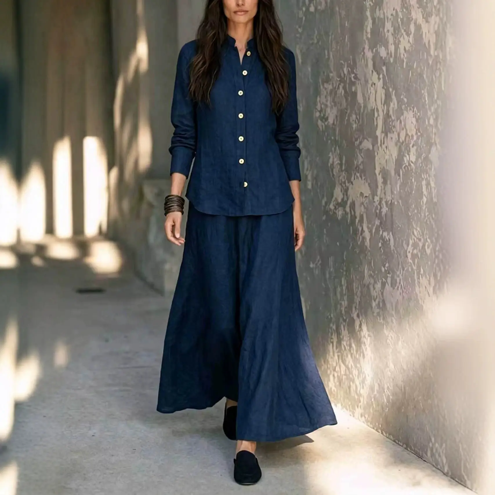 Womens Loose-fit Blouse And Flared Skirt Two-piece