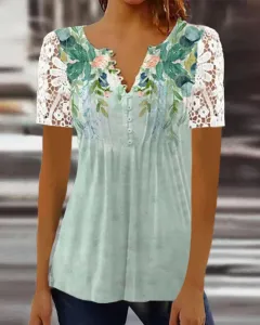 Women's Lace Lace Sleeve Pleated Solid Color Printing Button Short Sleeve - Green - View 1
