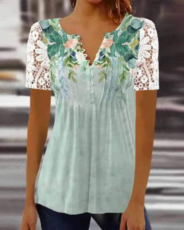 Women's Lace Lace Sleeve Pleated Solid Color Printing Button Short Sleeve Green - Shop at LoveMi