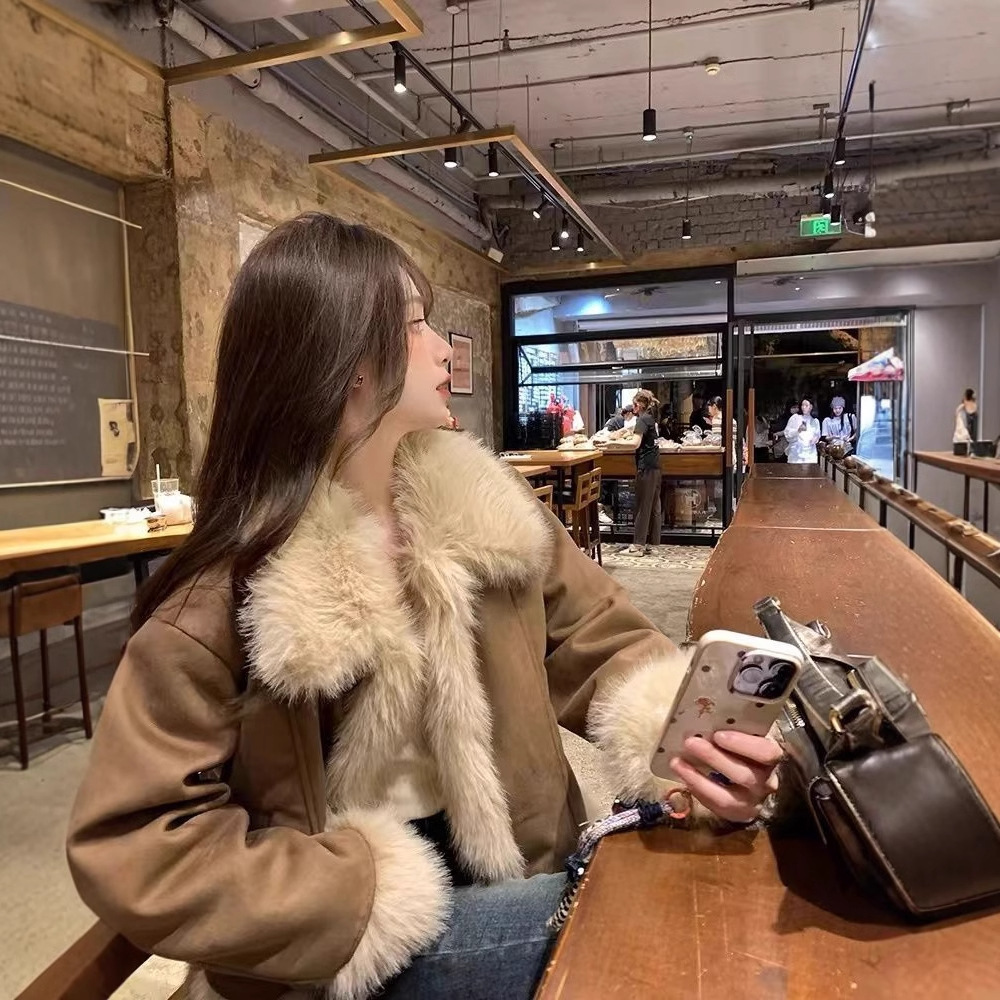 Women's Casual Suede Short Fur Coat