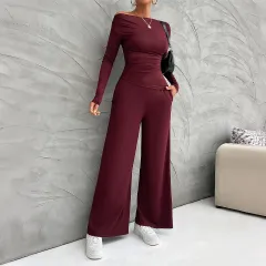 Women's Clothing Fashionable Fitted Long Sleeve Top Suit - Wine - View 1
